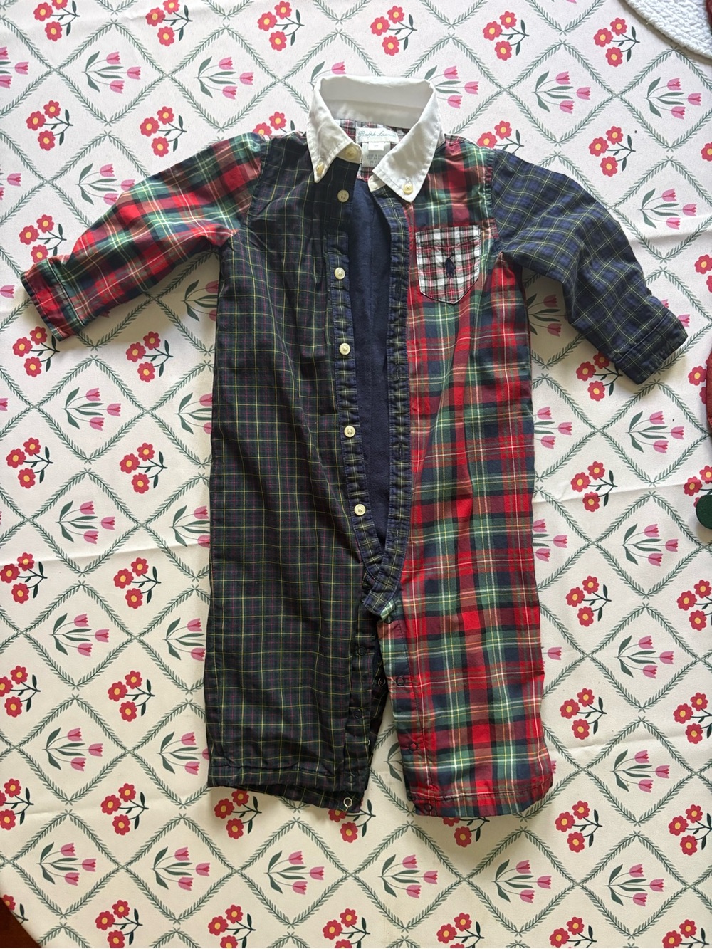 Ralph Lauren Plaid Button-Front One-Piece Shirt Romper - Red & Green